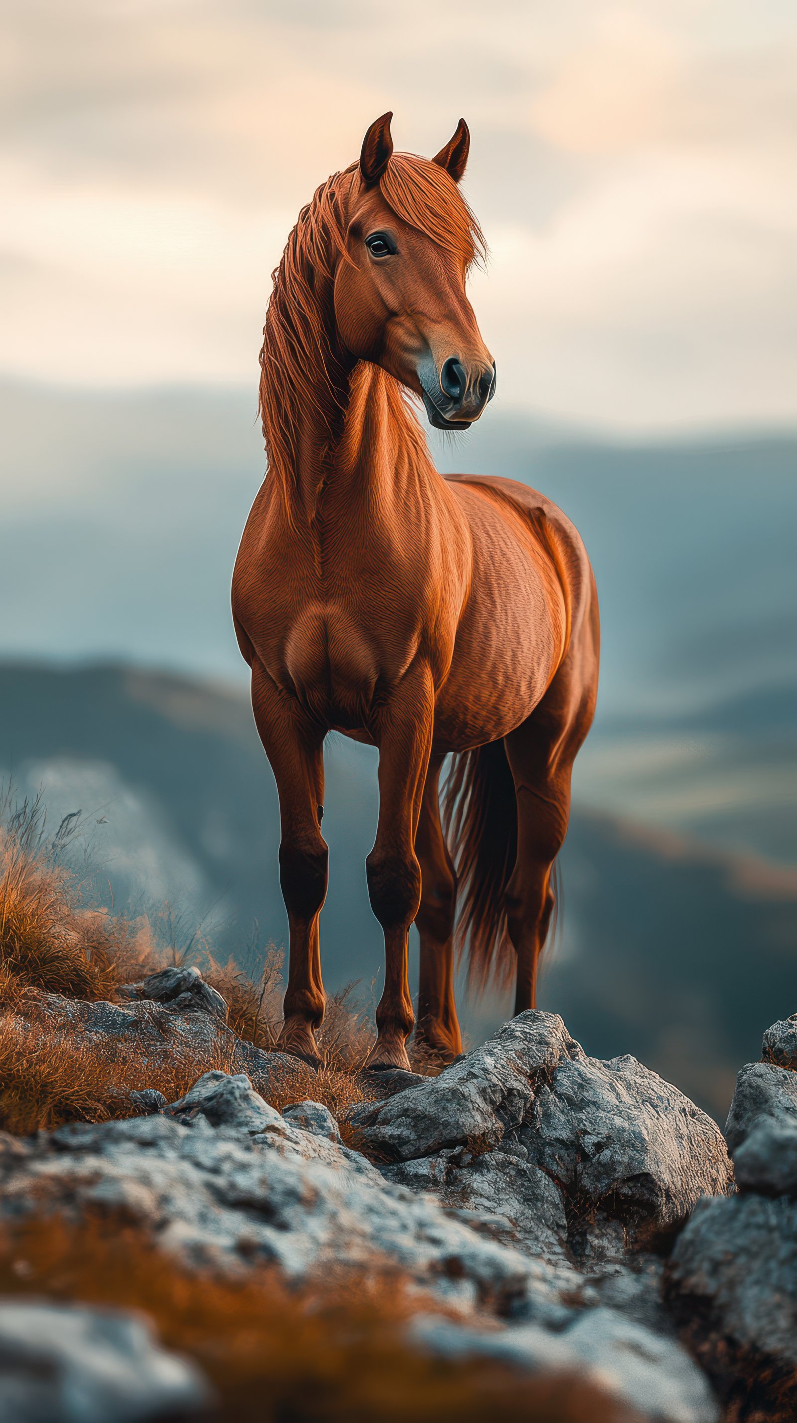 Majestic brown horse stands proud on rocky terrain with a stunning mountain backdrop at sunset